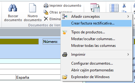 Menú de la cinta de opciones para crear factura rectificativa