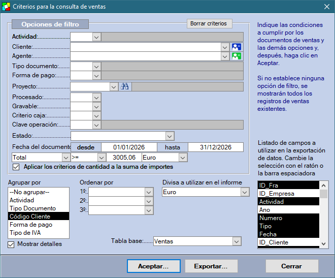 Parámetros de la consulta de ventas. Selección de campos para exportación